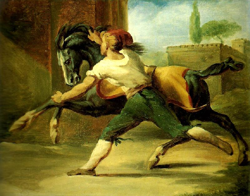 Theodore   Gericault palefrenier retenant un cheval oil painting picture